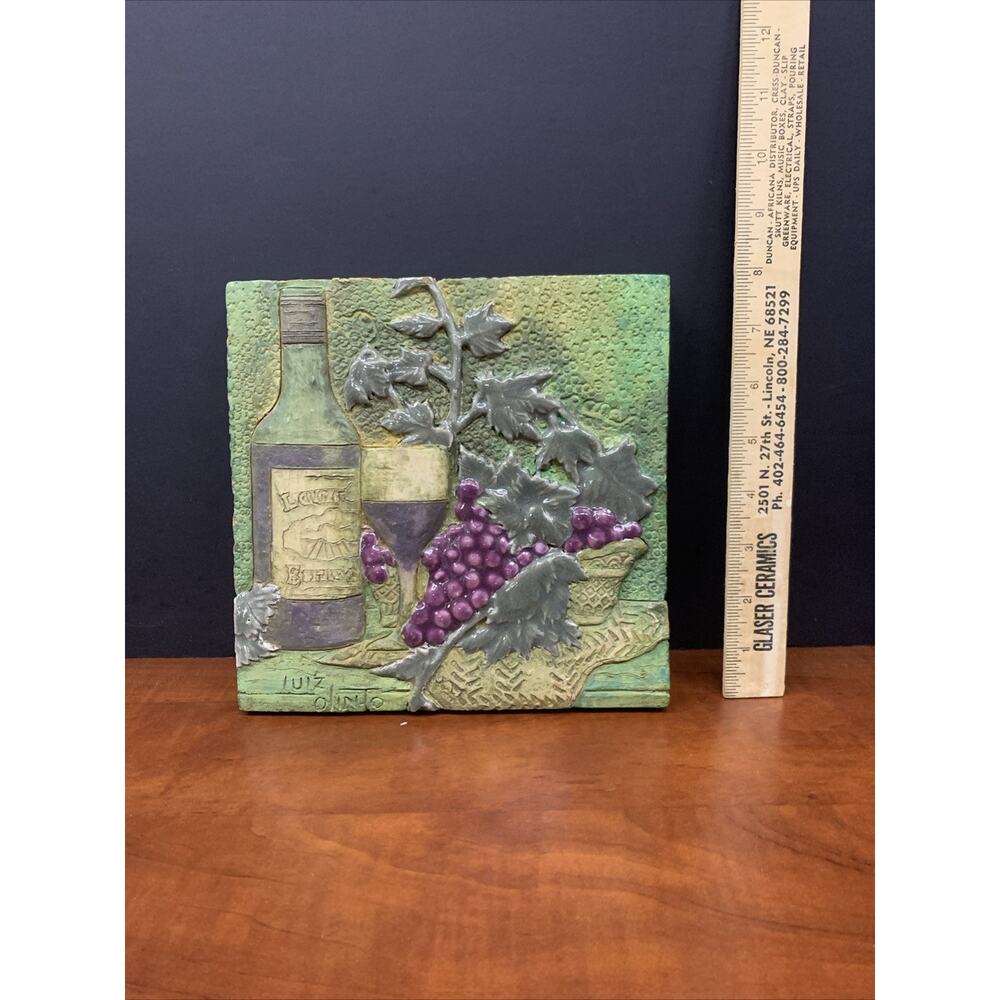 Original Brazilian Art Tile Painting by Luiz Olinto Wine Sculpture Hand Made